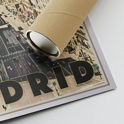 Rolled limited edition Madrid art print showing bottom lettering, signature and shipping tube