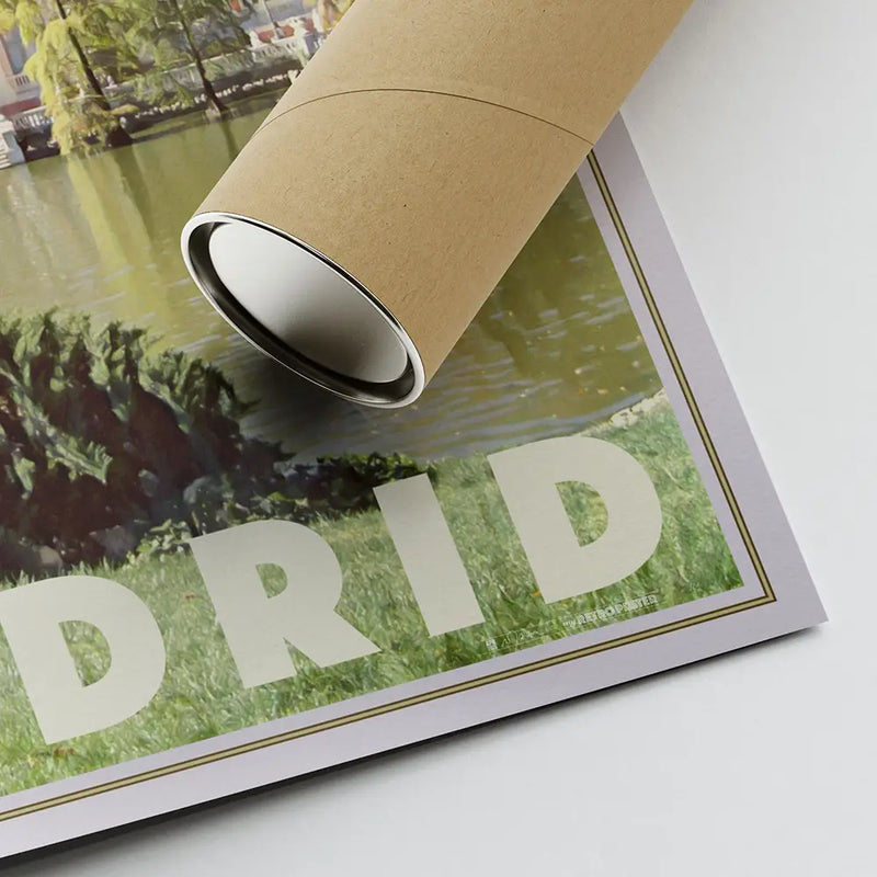 Retro-style wall art print of El Retiro park and the Crystal Palace in Madrid