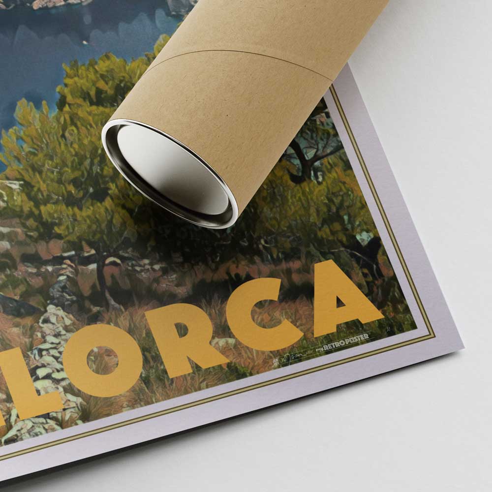 Bottom corner of the Formentor, Mallorca poster featuring Alecse’s signature and a cardboard shipping tube for secure delivery