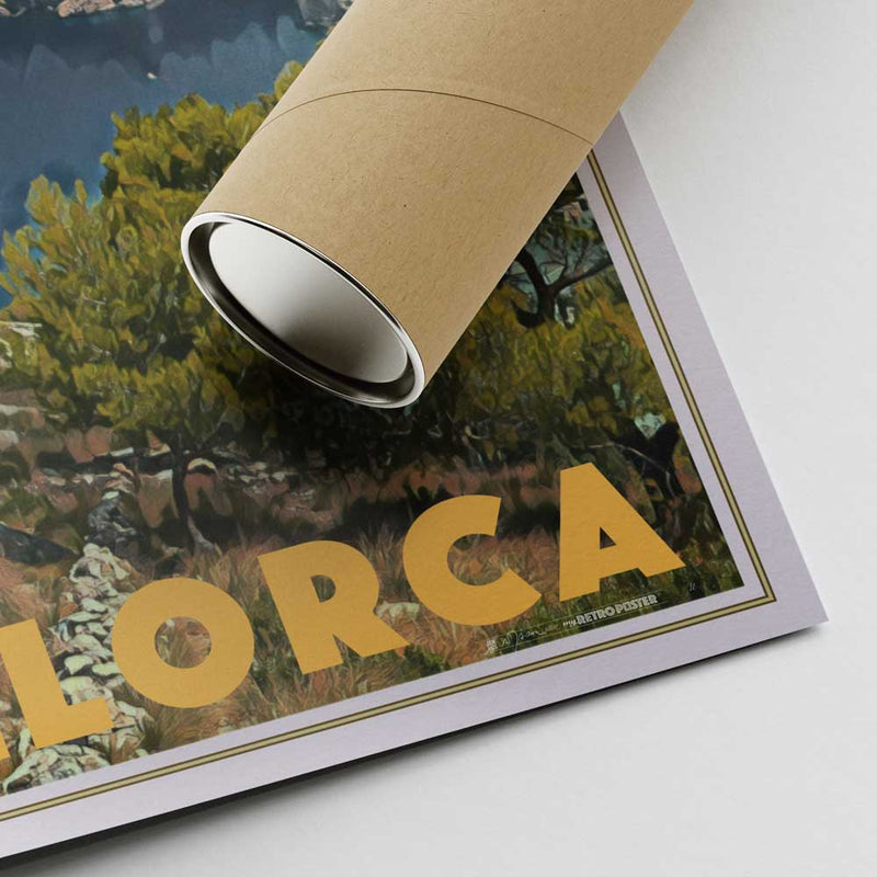 Bottom corner of the Formentor, Mallorca poster featuring Alecse’s signature and a cardboard shipping tube for secure delivery