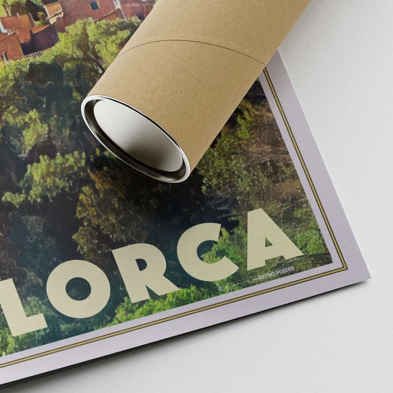 Bottom corner of the Valldemossa Mallorca poster, featuring Alecse’s signature and a cardboard shipping tube for secure delivery