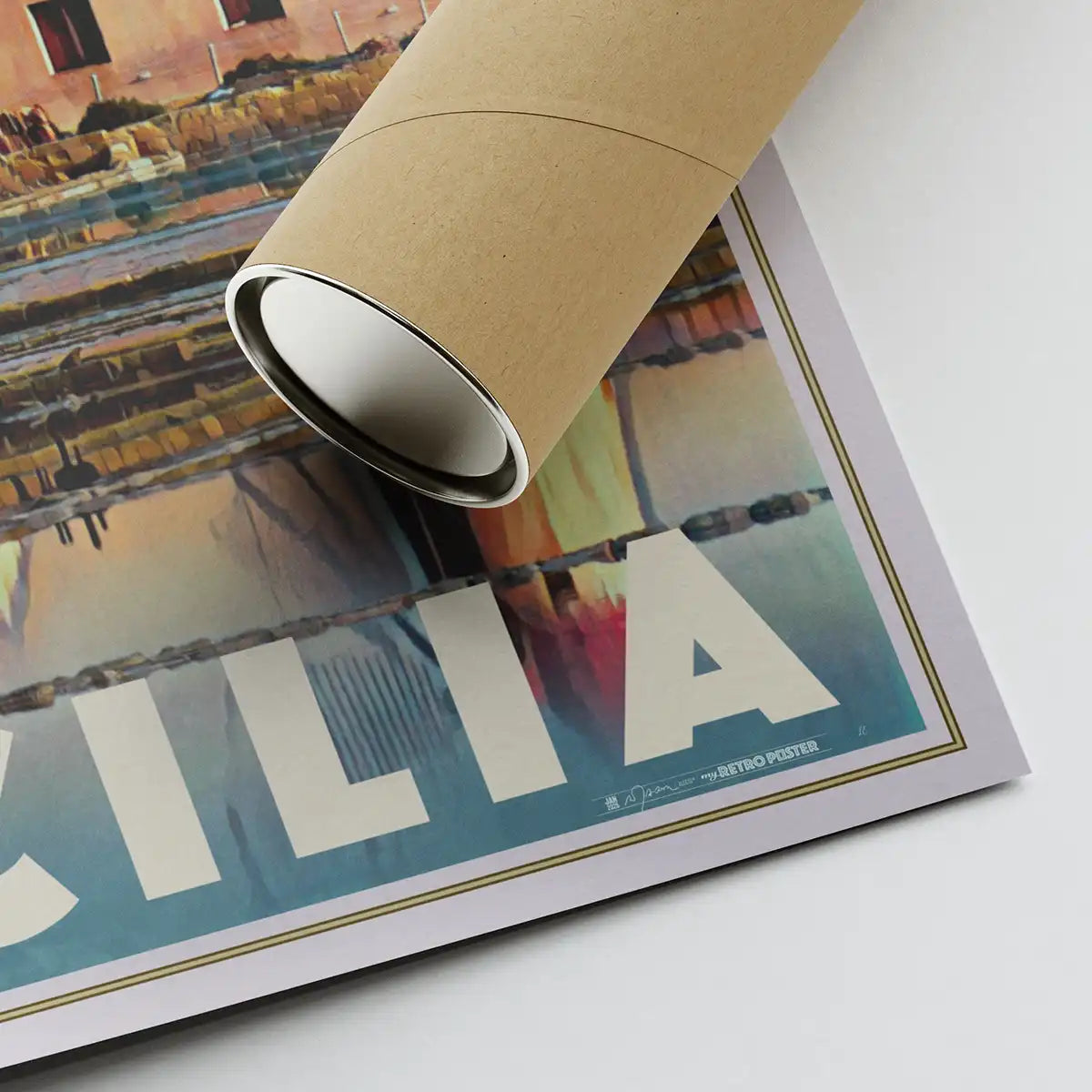 Close-up of the Marsala Sicily poster corner showing artist signature and eco-friendly shipping tube