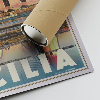 Close-up of the Marsala Sicily poster corner showing artist signature and eco-friendly shipping tube
