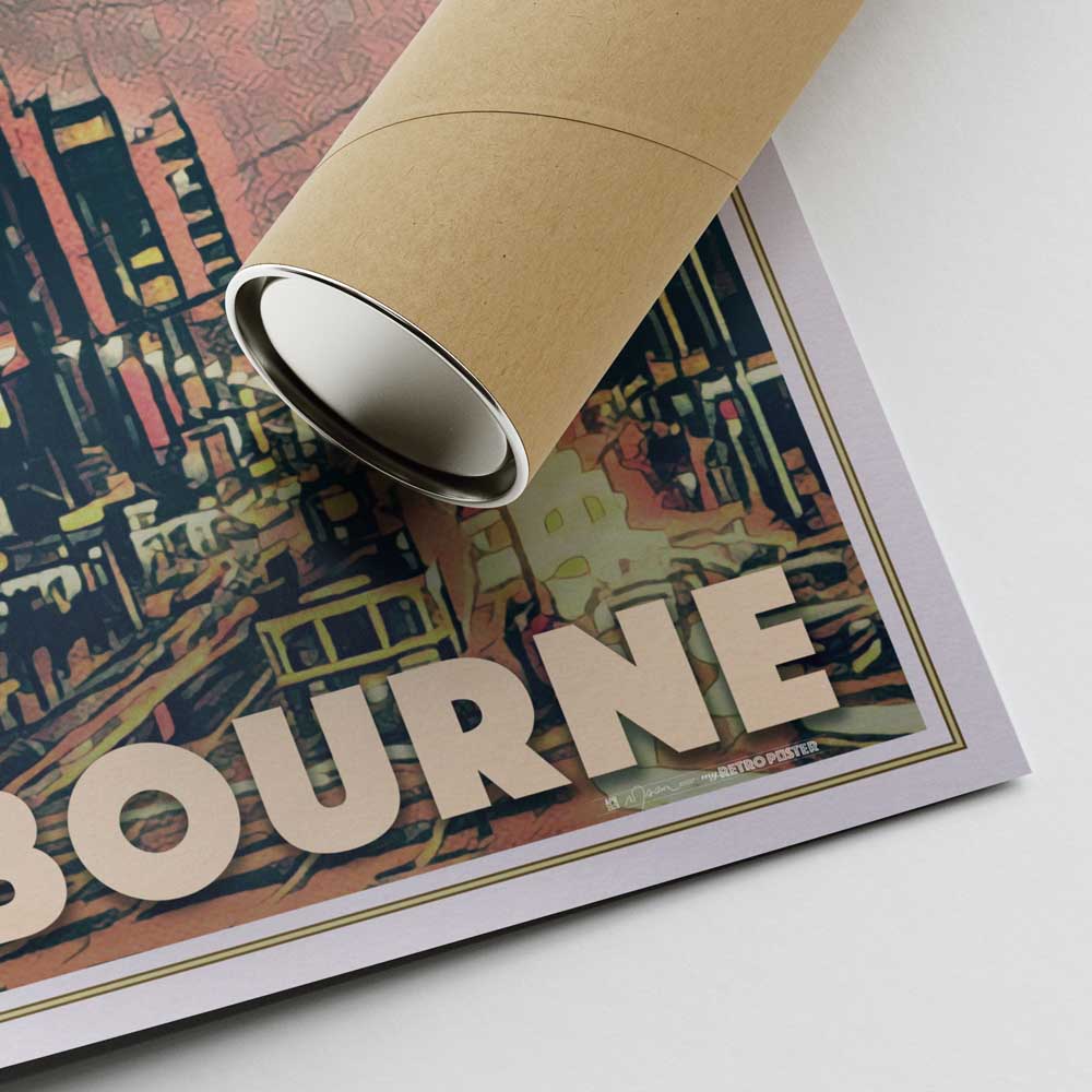 Alecse's autographed corner of Swanston Street Melbourne Poster next to a cardboard shipping tube, ready for delivery