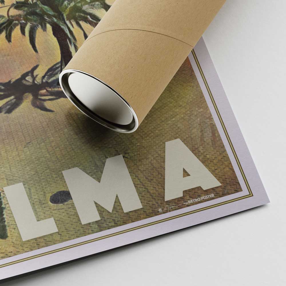 Bottom corner of the La Ciutat Palma poster, featuring Alecse’s signature and a cardboard shipping tube for secure delivery
