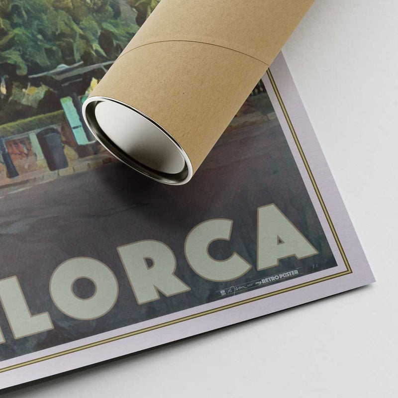 Detail of Palma Mallorca retro poster showing mailing tube and Alecse’s signature frame