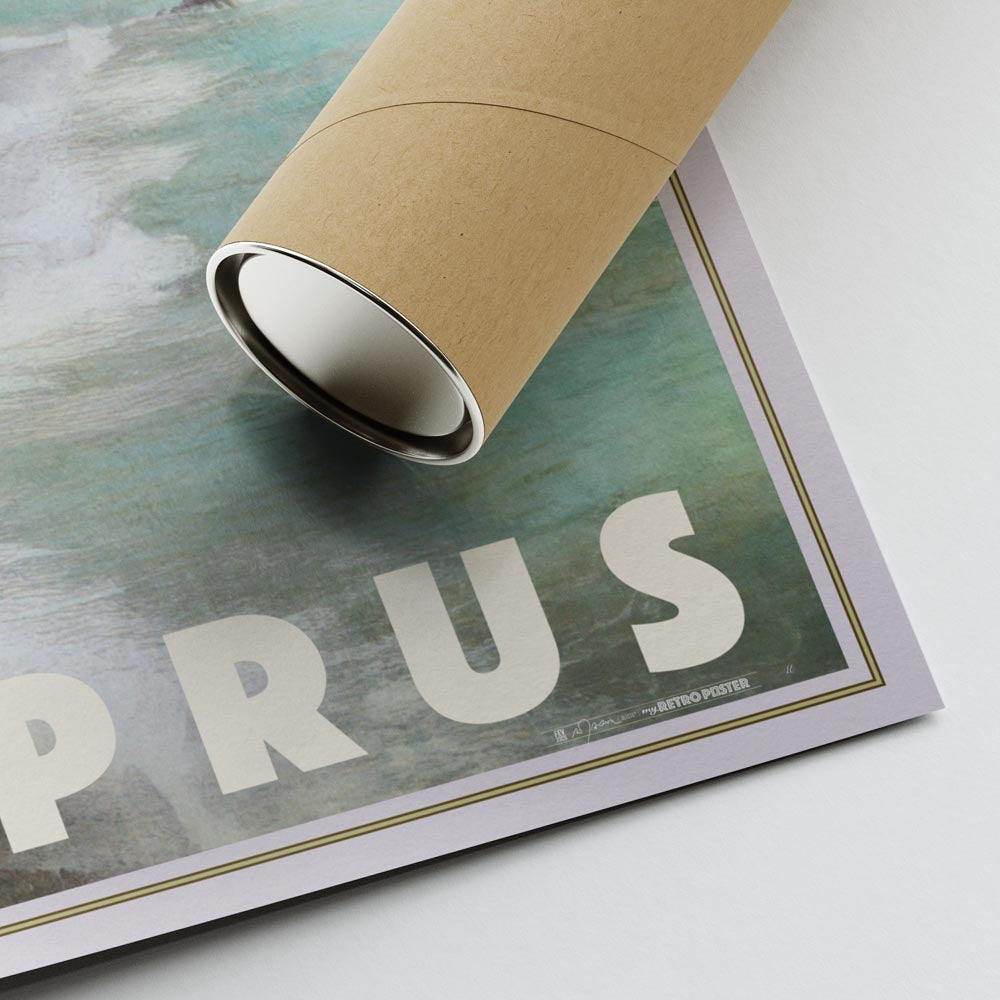 Bottom corner of the Petra tou Romiou poster, featuring Alecse’s signature and a sturdy cardboard shipping tube for secure delivery