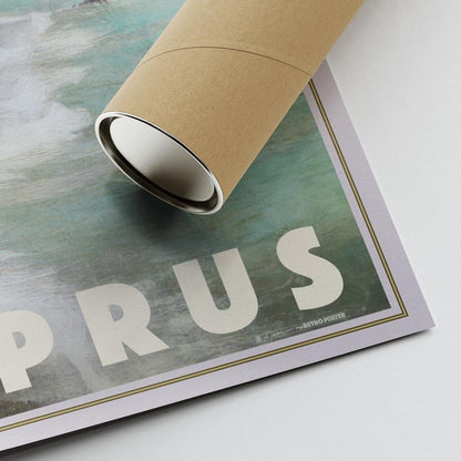 Bottom corner of the Petra tou Romiou poster, featuring Alecse’s signature and a sturdy cardboard shipping tube for secure delivery