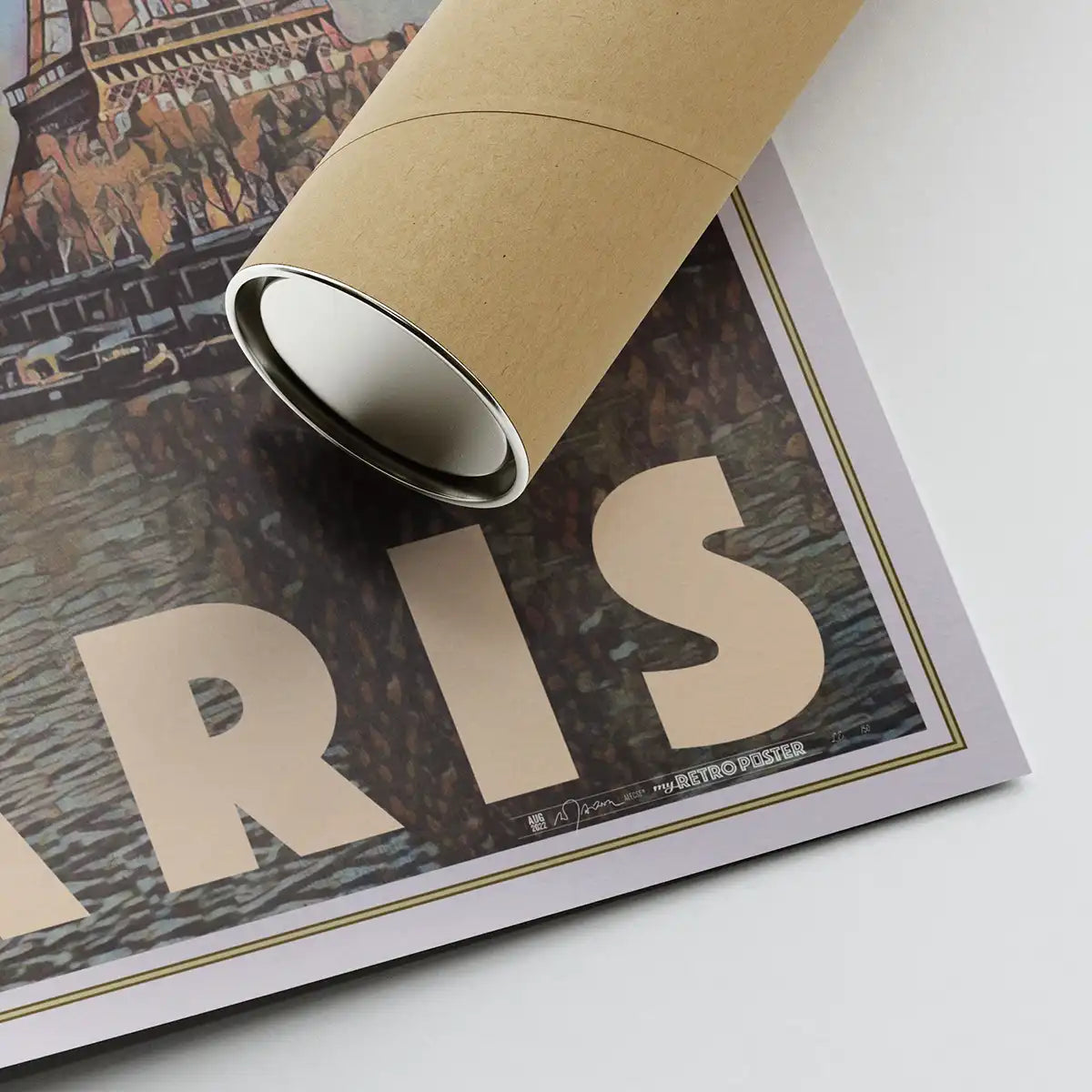 Rolled Paris La Tour Eiffel vintage art print showing fine halftone detail and Alecse’s signature