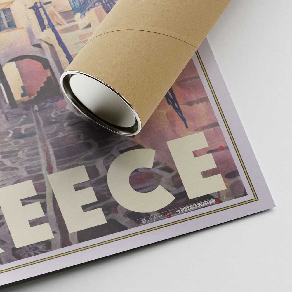 Signature of Alecse on the Paros Greece travel poster with a cardboard shipping tube