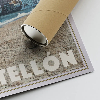 Close-up of the signature, print texture, and “Castellón” title with the poster rolled inside a kraft tube