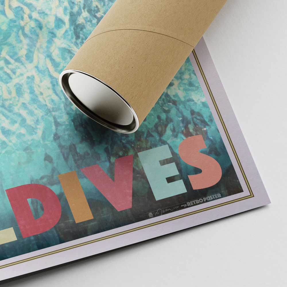 Detail of the signed corner of Alecse's Maldives poster, including protective shipping tube