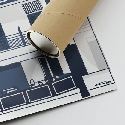 Corner close-up of the Platjador poster by Cha with eco-friendly kraft tube for shipping – printed on museum-quality paper