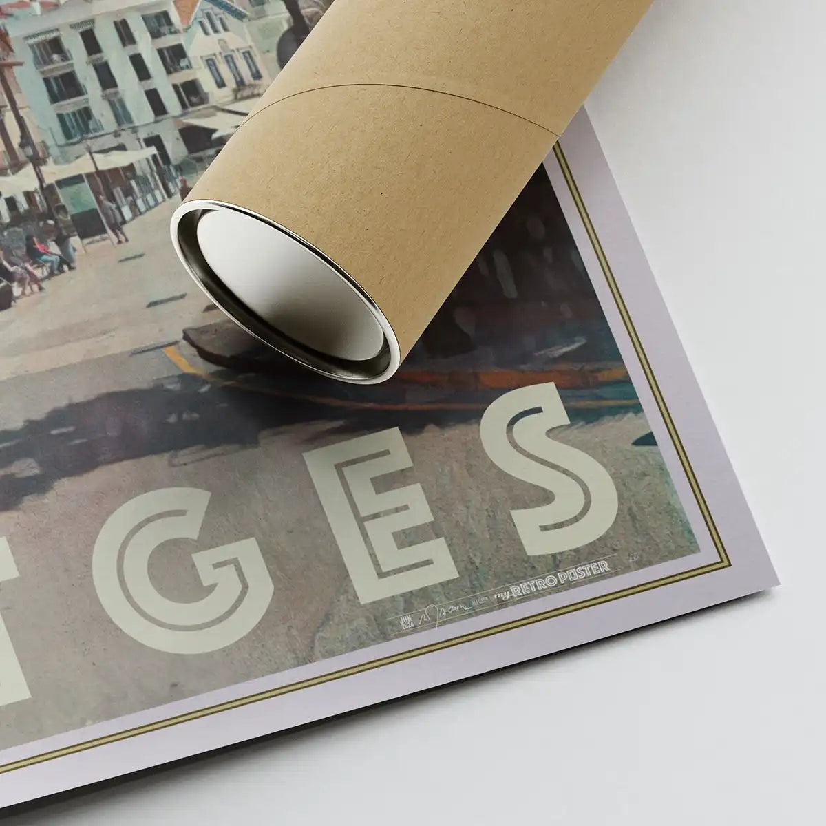 Corner of Port Alegre Sitges poster by Alecse with artist’s signature and eco-friendly shipping tube, museum-grade giclée print