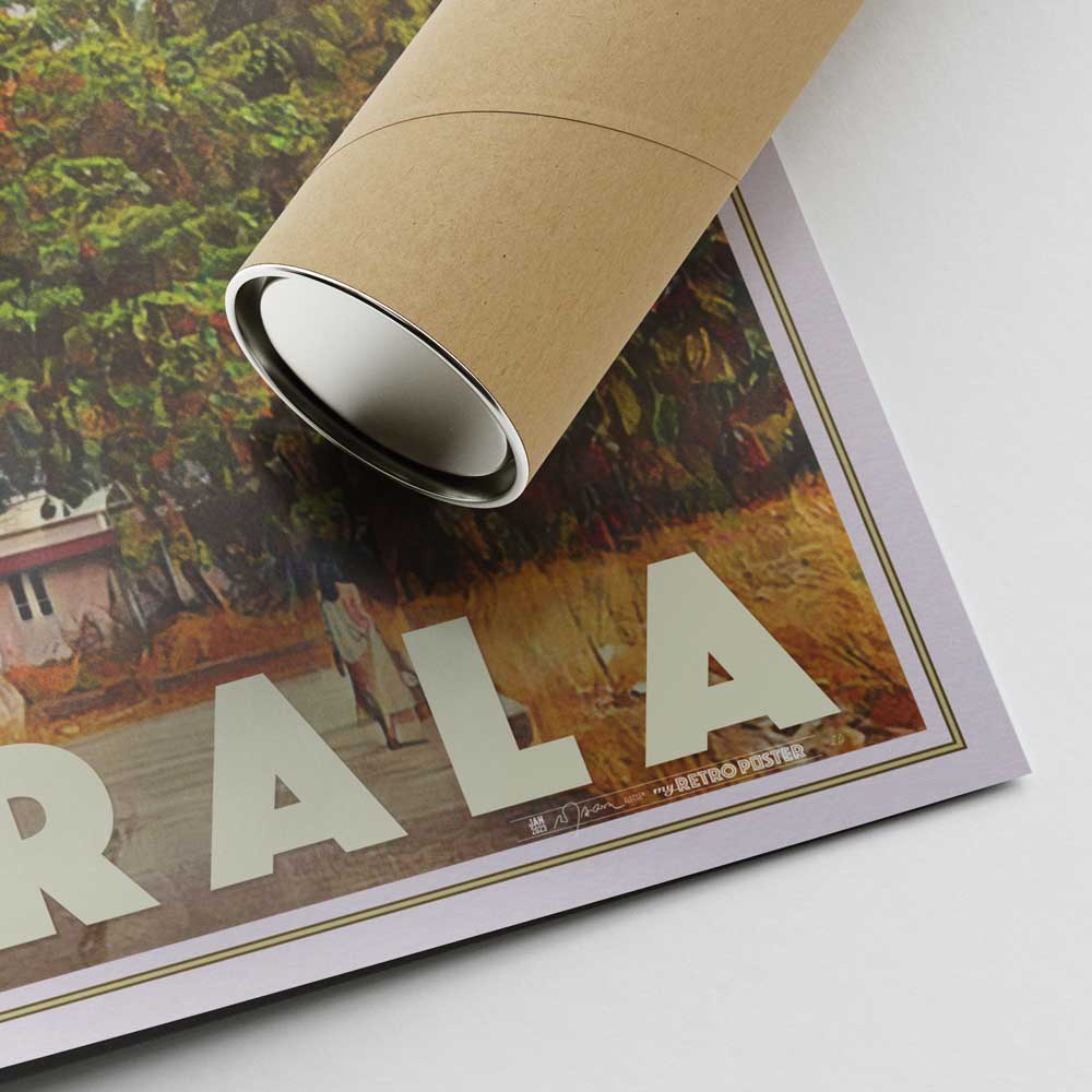 Lower right corner of the Quilon Kerala poster, showing Alecse’s signature and a cardboard shipping tube, emphasizing premium quality and attention to detail