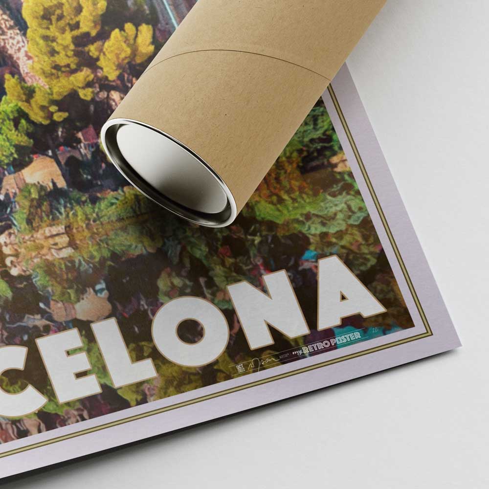 Corner of Alecse's Sagrada Familia print, highlighting the artist's signature and the protective shipping tube for safe delivery