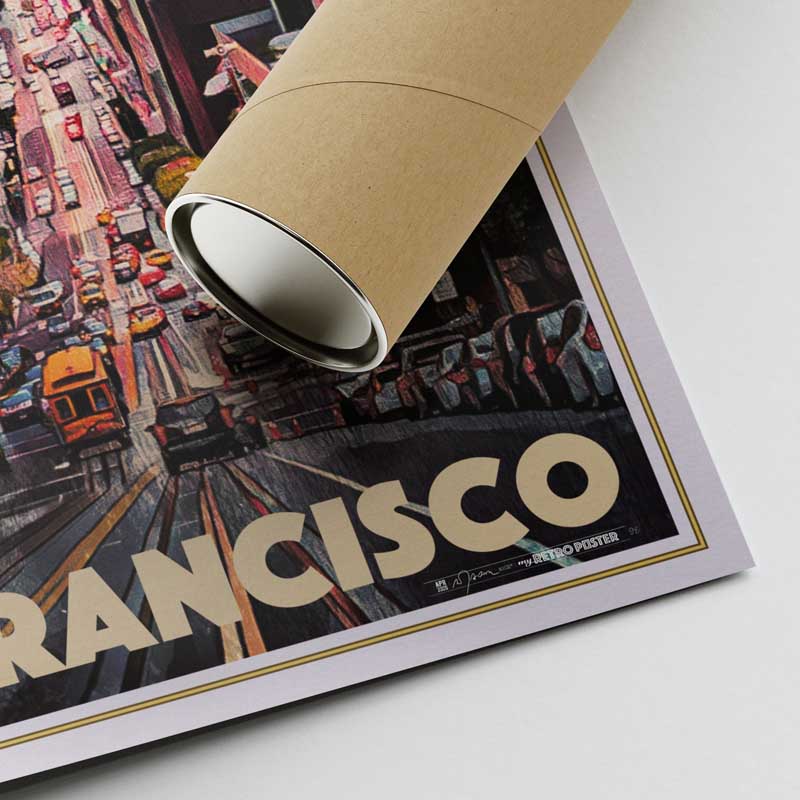 Coin de l'affiche de San Francisco et du tube en carton d'expédition
