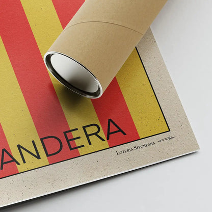 Corner of La Bandera poster by Cha showing artist signature, cardboard shipping tube and textured vintage paper