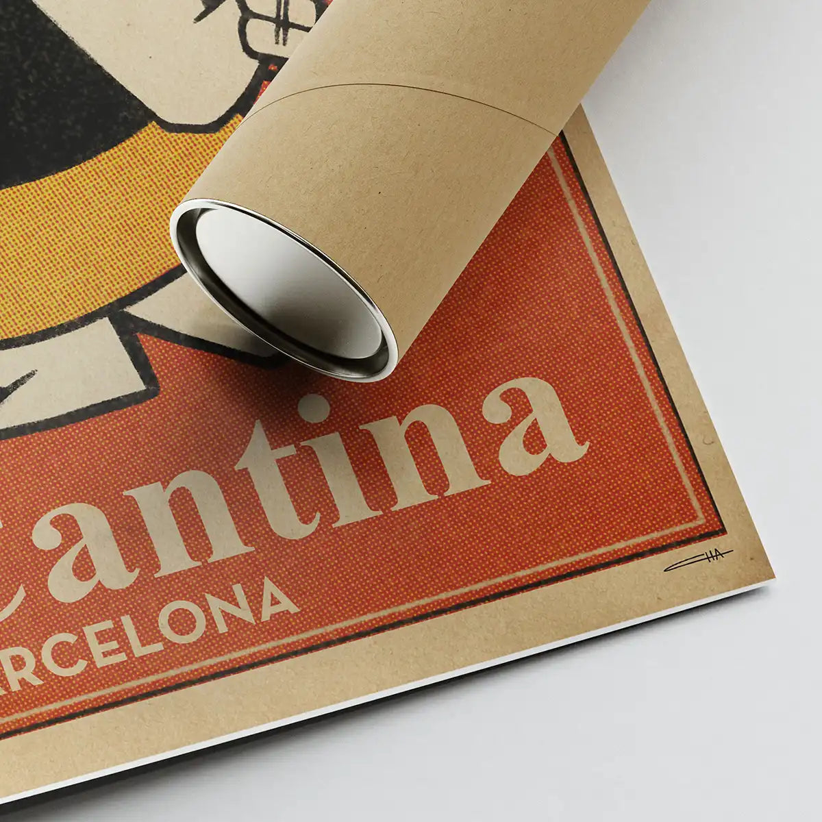 Corner of La Cantina Sangrias poster signed Cha, rolled next to its eco-friendly shipping tube, limited edition art print.