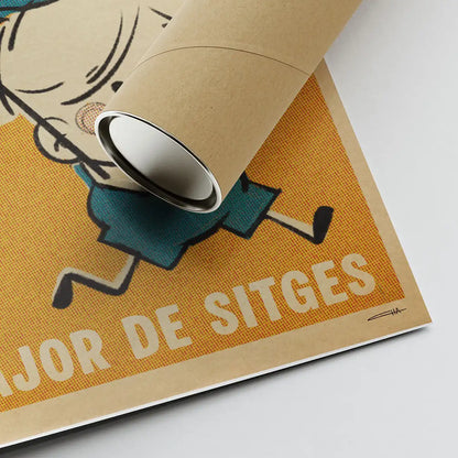 Corner of Festa Major Sitges poster showing Cha’s signature, eco cardboard tube and retro halftone texture