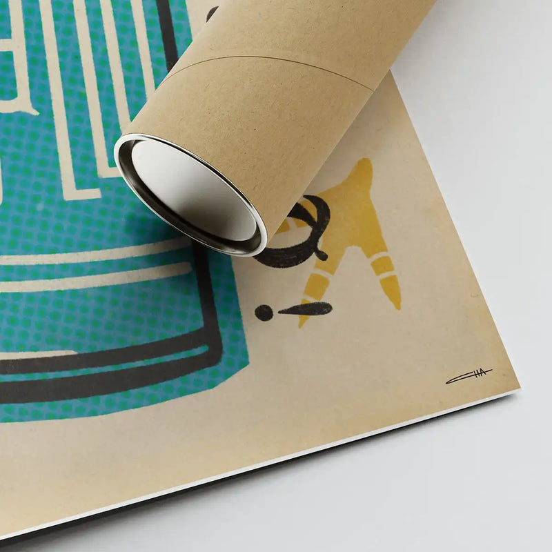 Corner of El Gallo soda poster by Cha showing signature, eco cardboard tube and vintage paper texture