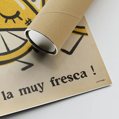 Corner of La Gaseoa Limón poster showing Cha’s signature, eco cardboard tube and retro slogan ‘¡Disfruta la muy fresca!’