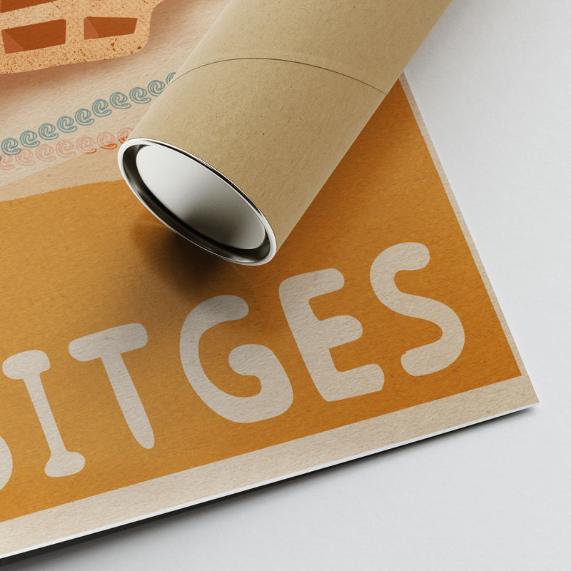 Corner of the Sitges Waffles Poster by Cha showing the artist’s signature, rolled eco cardboard shipping tube and grainy halftone paper texture. Limited edition art print.