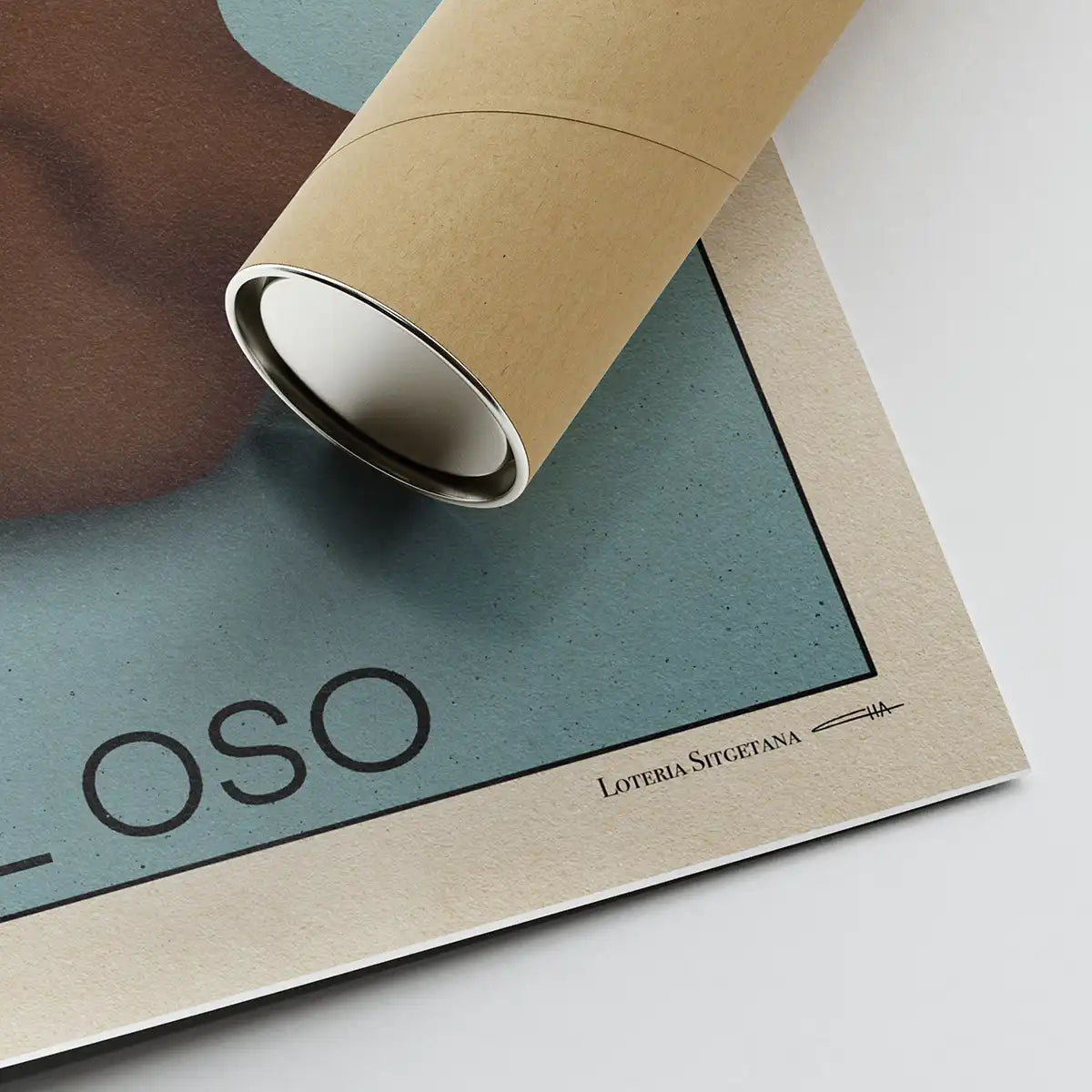 Close-up of the 'El Oso' vintage-style poster from the Lotería Sitgetana collection by Cha, showing the bottom corner and its eco-friendly shipping tube