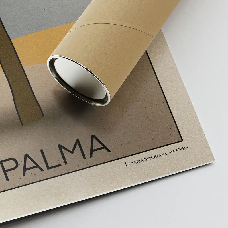 Close-up of the signature of La Palma art print by Cha rolled next to an eco-friendly shipping tube – Lotería Sitgetana series