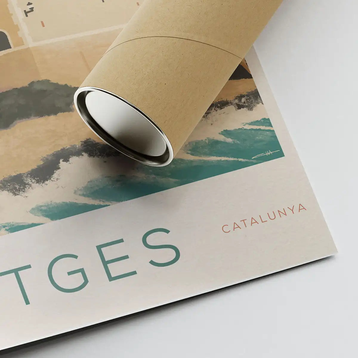 Corner of Sitges Church art print showing the artist's signature and eco-friendly roll for transportation.