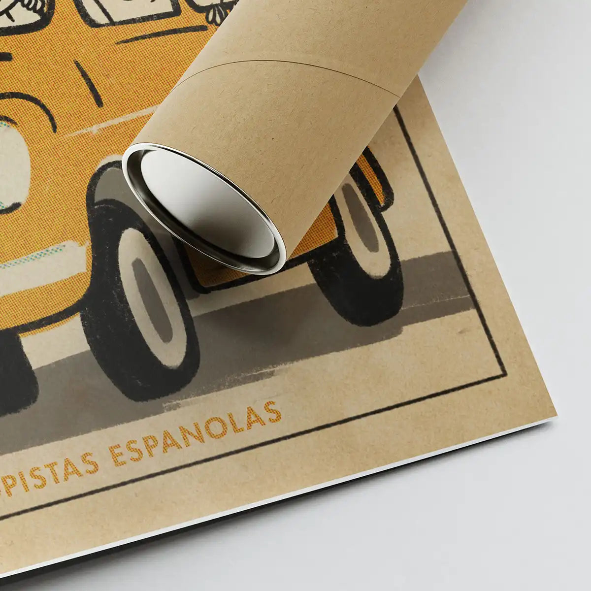 Detail view showing corner of "Spanish Holiday" poster and eco-friendly cardboard shipping tube
