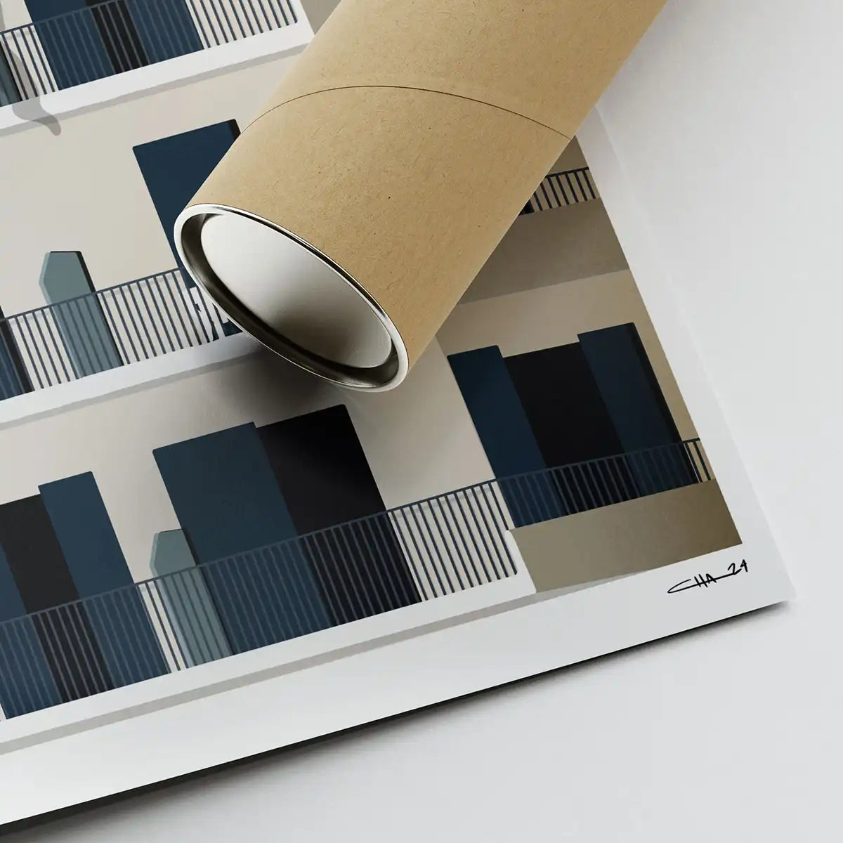 Corner of the Subur poster showing the signature of Cha and eco-friendly cardboard shipping tube.