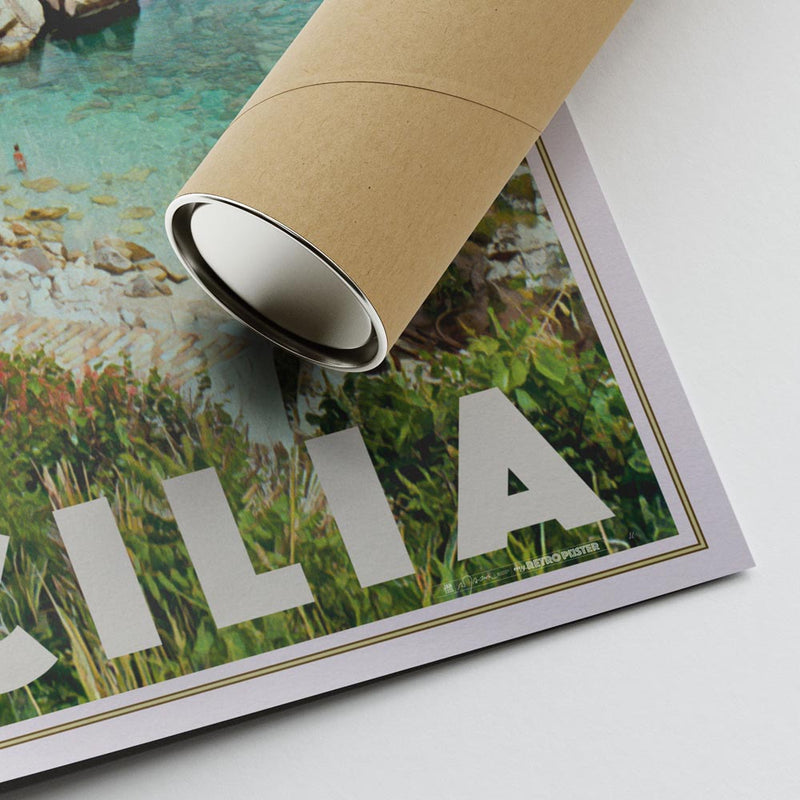 Scopello, Sicilia vintage travel poster rolled in a protective tube, showcasing the high-quality print, archival paper, and Alecse’s signature retro design