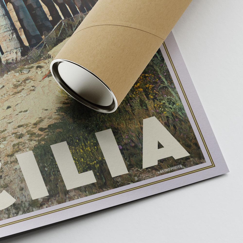 A high-quality print of the Segesta travel poster rolled out on a table, showing its crisp colors and design