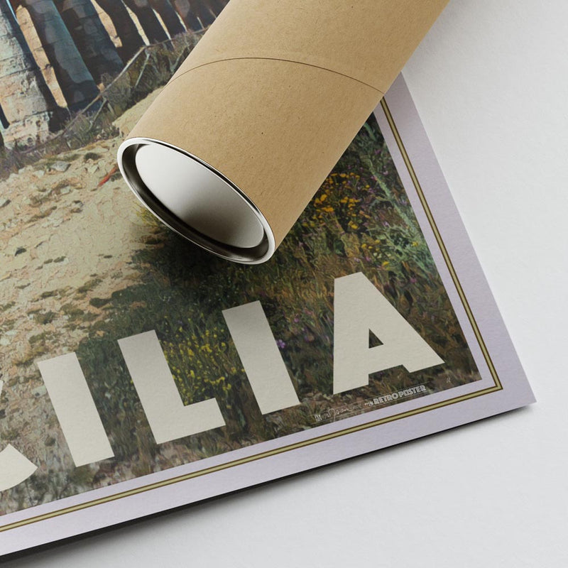 A high-quality print of the Segesta travel poster rolled out on a table, showing its crisp colors and design