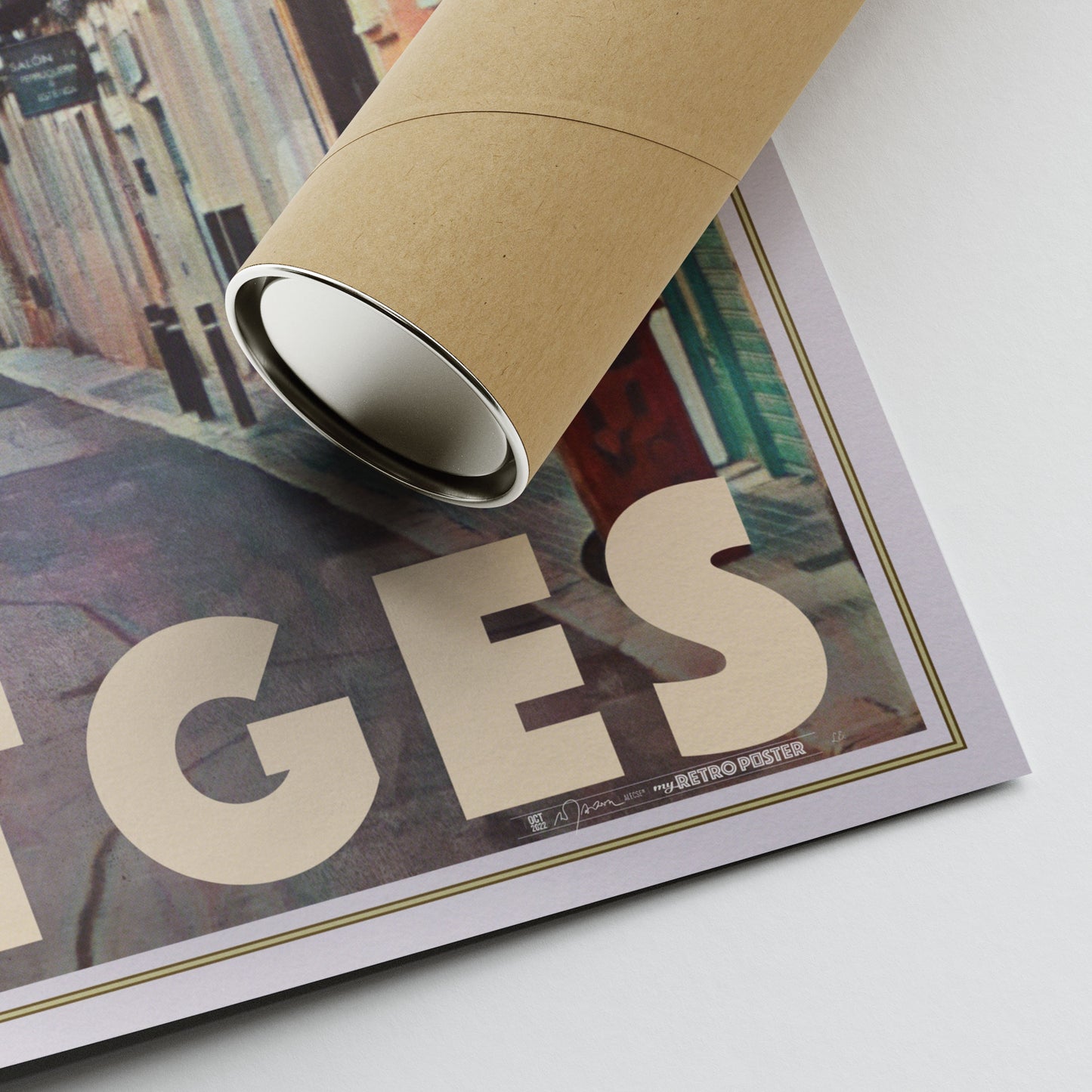 Rolled Sant Bartomeu street art print with Alecse’s signature and vintage border.
