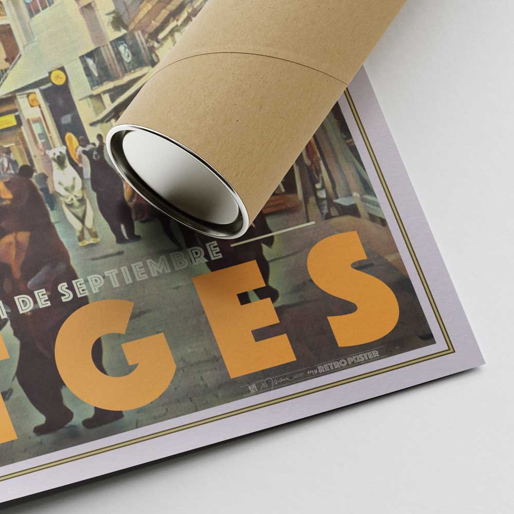 Corner of the 'Bears Week 23' Sitges poster by Alecse™ and the protective shipping tube for secure delivery
