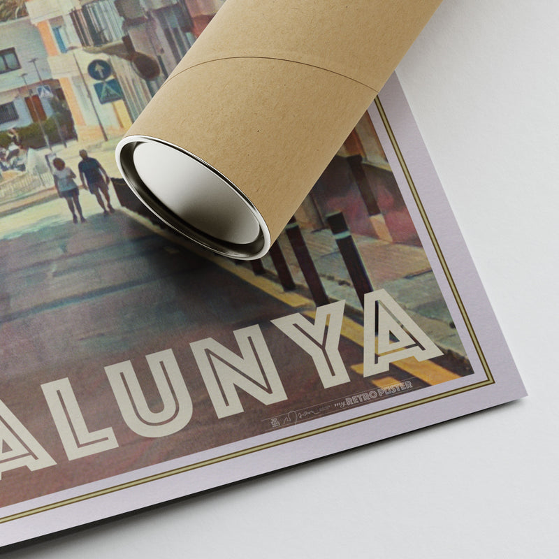 Corner of Sitges Calipolis poster showing Alecse's signature and eco-friendly tube for transportation.