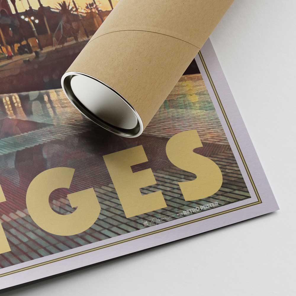 Lower right corner of the Sitges Fragata Sunrise travel poster with Alecse’s signature and a shipping tube, emphasizing premium quality and authenticity