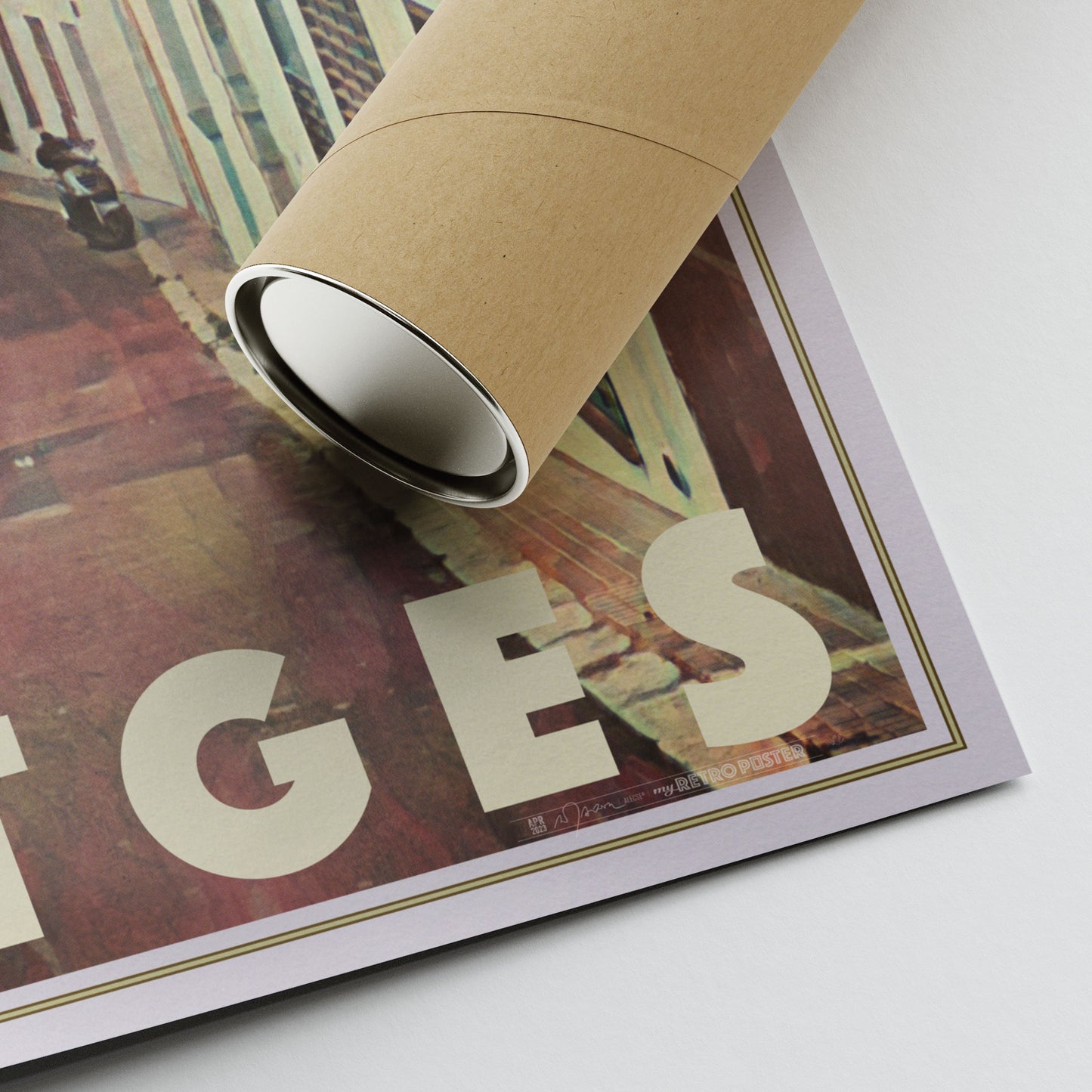 Corner of Alecse’s Carrer Major Sitges poster showing artist signature and eco-friendly packaging tube for transportation.