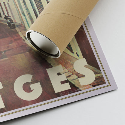 Corner of Alecse’s Carrer Major Sitges poster showing artist signature and eco-friendly packaging tube for transportation.