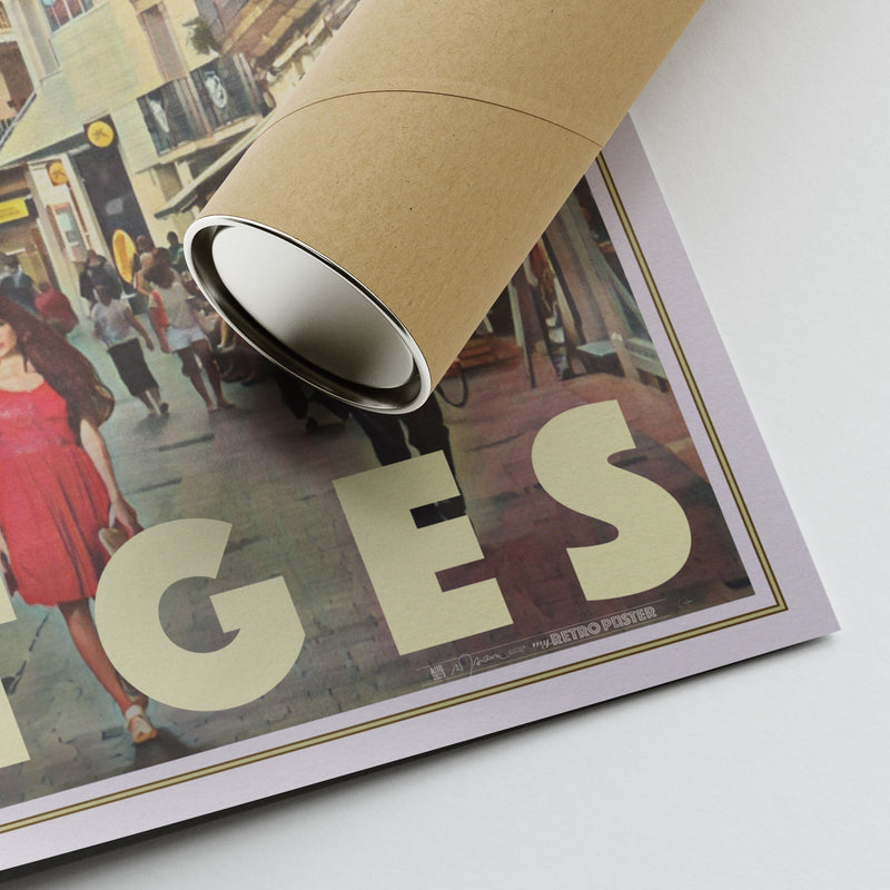 Corner of Alecse’s Les Parellades Sitges poster showing artist signature and eco-friendly packaging tube for transportation.