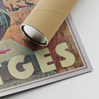 Corner detail of the Sitges Pigeon poster showing Alecse’s signature and border, with the print prepared for shipping in a rigid cardboard tube or box