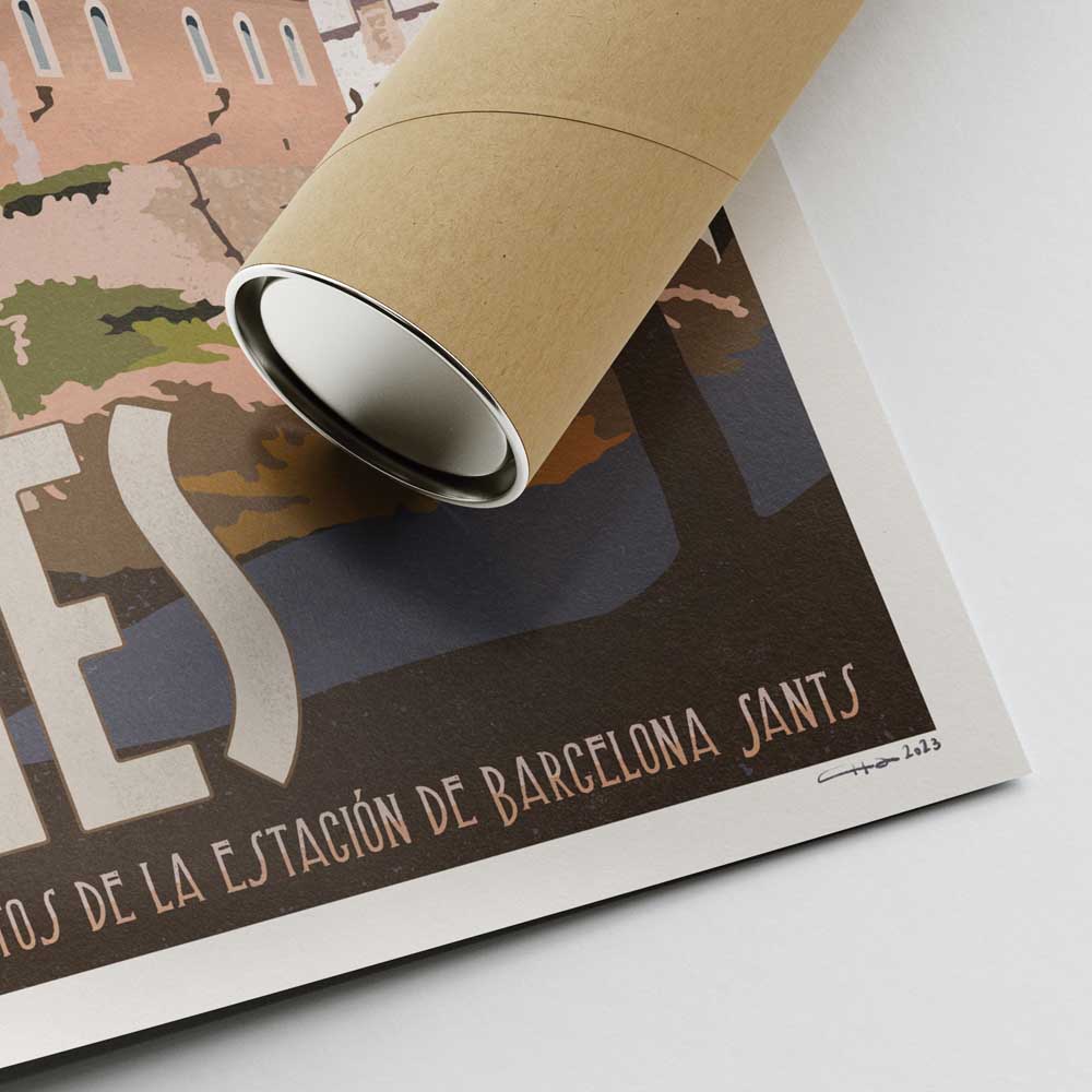 Corner detail of the Sitges Rose retro travel poster, highlighting the high-quality print and vintage-inspired typography