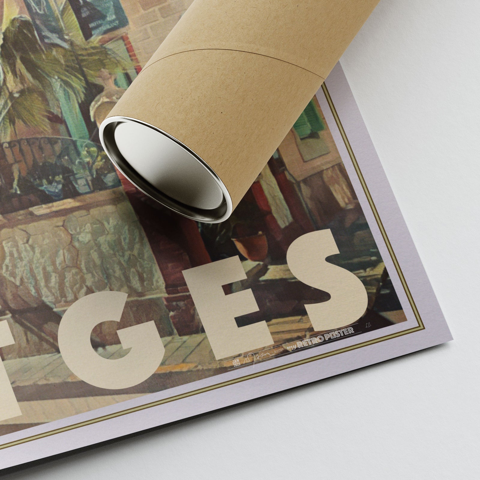 Corner of Alecse’s The Royal Rooms Sitges poster showing artist signature and eco-friendly packaging tube for transportation.