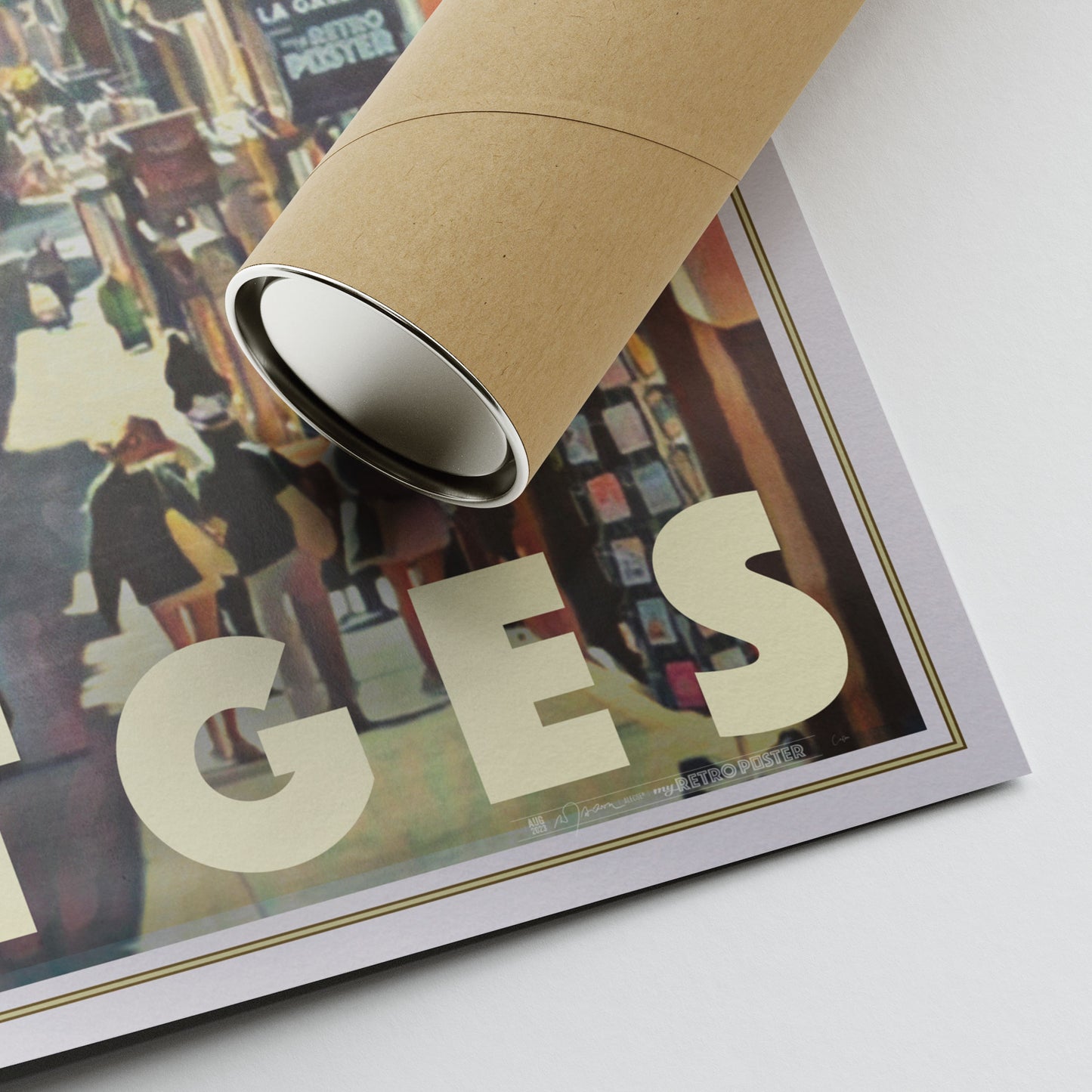 Corner of Alecse’s Sant Pau Sitges poster showing the artist’s signature and eco-friendly packaging tube for transportation.