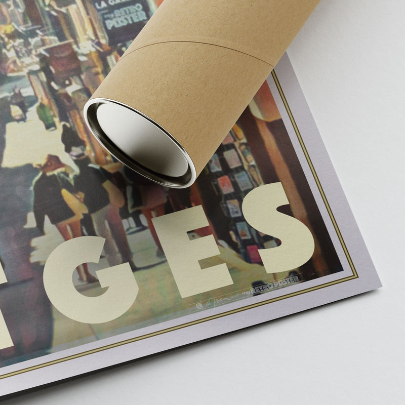 Corner of Alecse’s Sant Pau Sitges poster showing the artist’s signature and eco-friendly packaging tube for transportation.