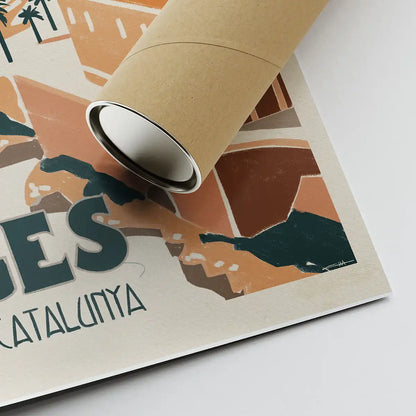 Corner of the Sitges Bay art print rolled in kraft tube, showing textured paper and artist’s signature