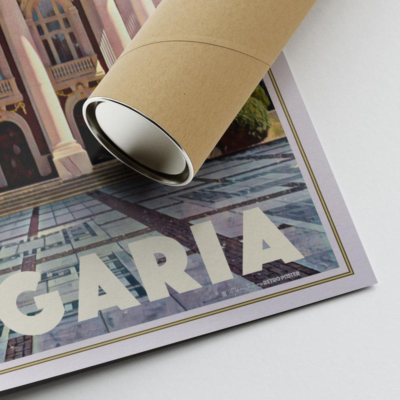 Lower right corner of the Sofia travel poster with Alecse’s signature and sturdy cardboard shipping tube, ensuring secure worldwide delivery