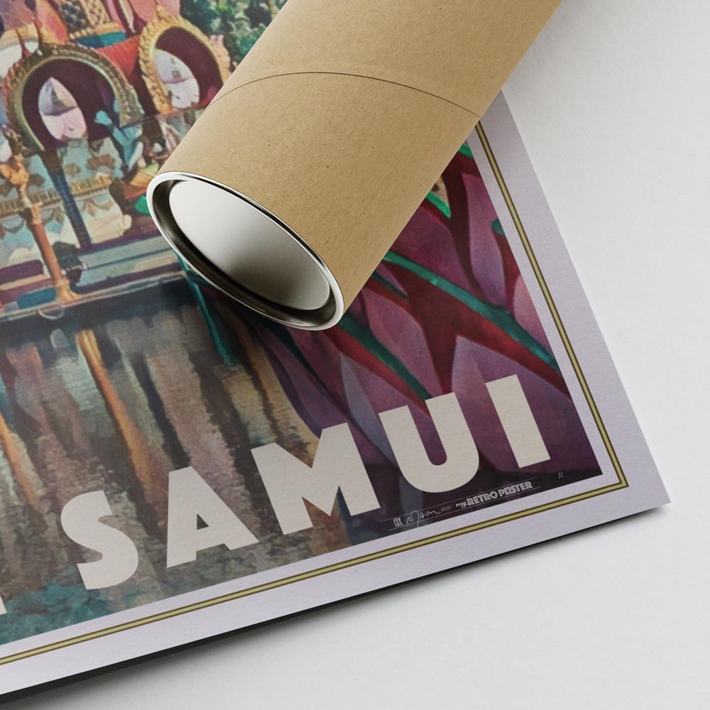 Lower right corner of the Surat Thani poster with Alecse’s signature, placed next to an eco-friendly shipping tube